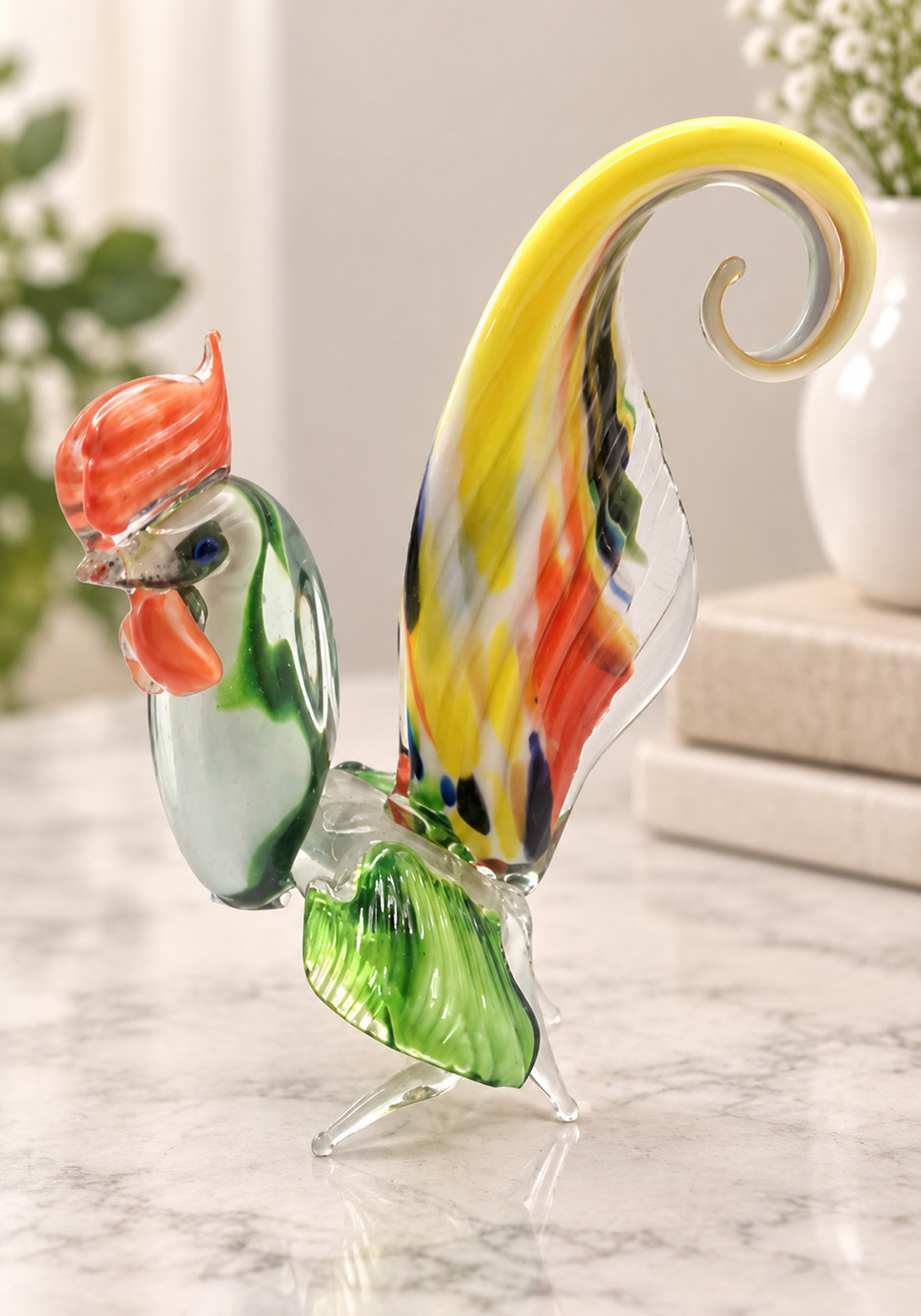 Vintage Hand Blown Art Glass Rooster Murano Style Multicolor MCM Figurine 6.25”